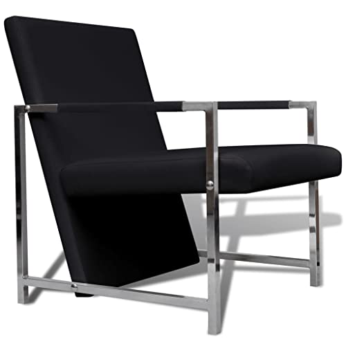 Vidaxl Armchair, Lounge Chair With Chrome Feet, Accent Cube Armchair For Home Office Living Room Bedroom, Modern Style, Black Faux Leather